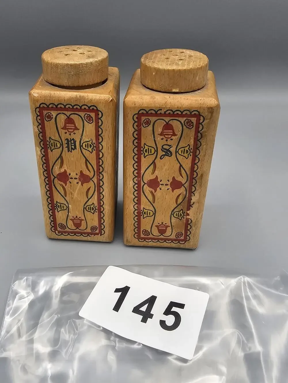 Vintage Wooden Salt and Pepper Shaker Set with Folk Art Design
